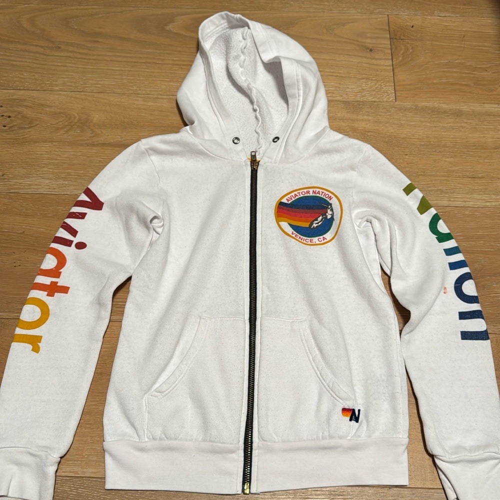 White Aviator Nation hoodie sweatshirt Kids size 10. 
Good used condition